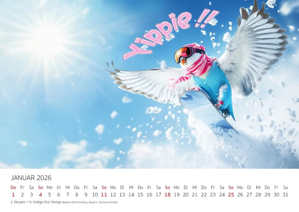 Edition Seidel Calendario Premium Budgies 2026, formato DIN A3, calendario da parete con scritte divertenti, animali, uccelli, pappagallini, umorismo