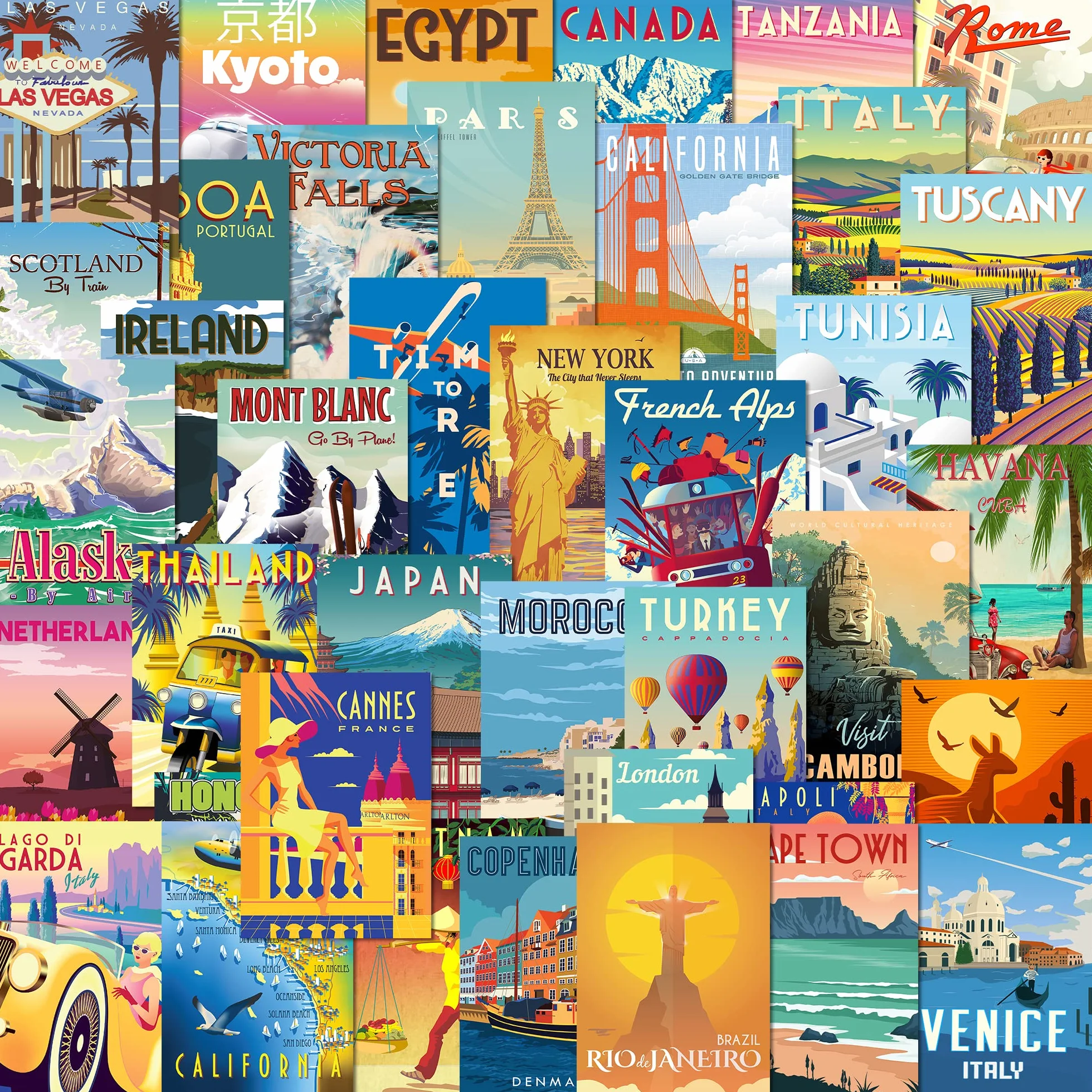 Olivia Samuel 40 cartoline retrò miste da molte destinazioni di viaggio popolari ed esotiche in colori vivaci. Stampate nel Regno Unito su carta spessa ecologica da 300 g/m².