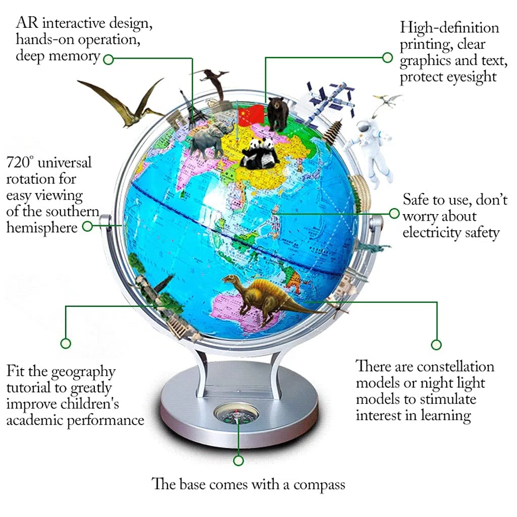 globo geografico Interattivo Globo Con Base Argento 7.8 "AR Educational Globe Del Mondo Illuminato Globo Del Mondo Per Bambini Scuola, Home Office mondo globo regalo