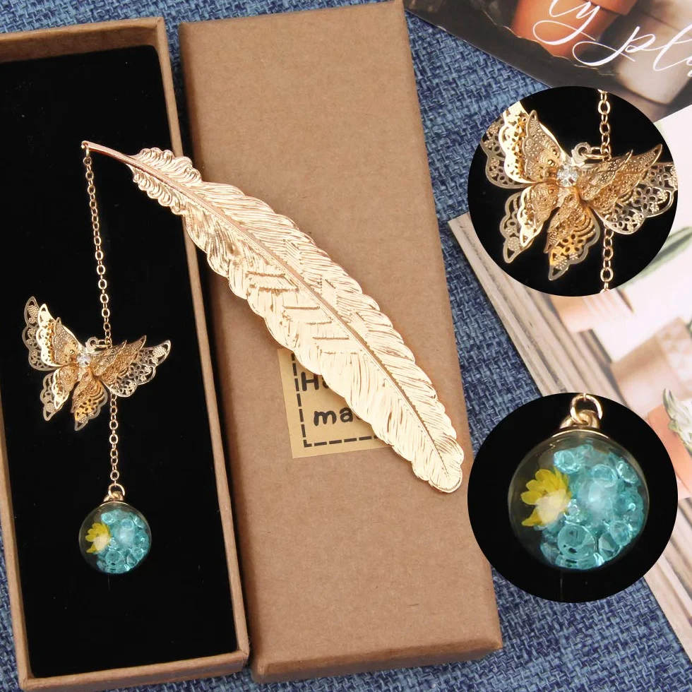 2PCS Segnalibro in Piuma di Metallo Segnalibri a Forma di Piuma con Farfalla 3D e Perle di Vetro Ciondolo Eterno Fiore Secco Regalo per Adulti, Bambini e Studenti