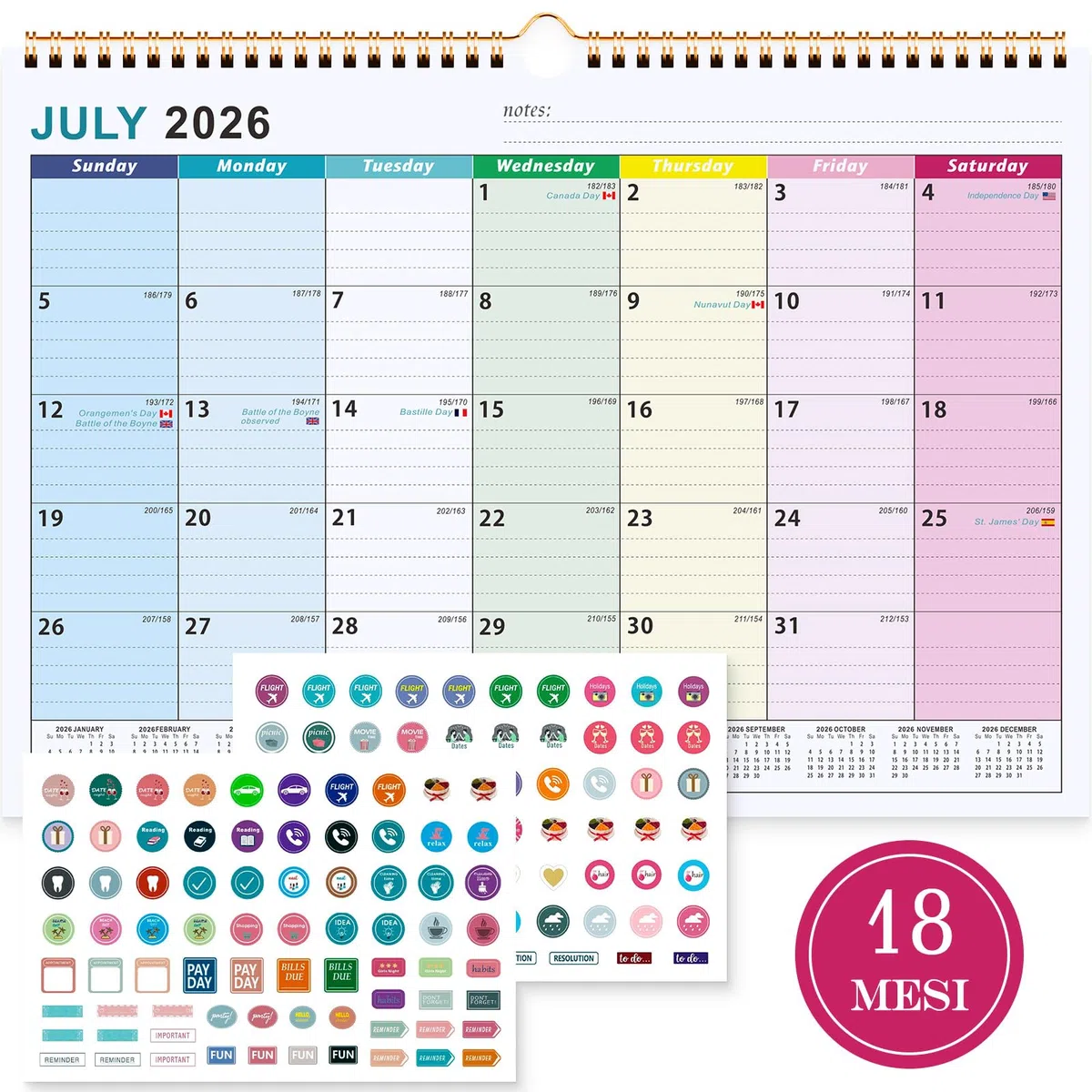 Benjia Calendario da muro tavolo 18 Mesi, A4 calendari Luglio 2026 a Dicembre 2027, calendario famiglia ufficio, planner mensile Calendari per Parete, planning mensile con adesivi del piano (Colorato)