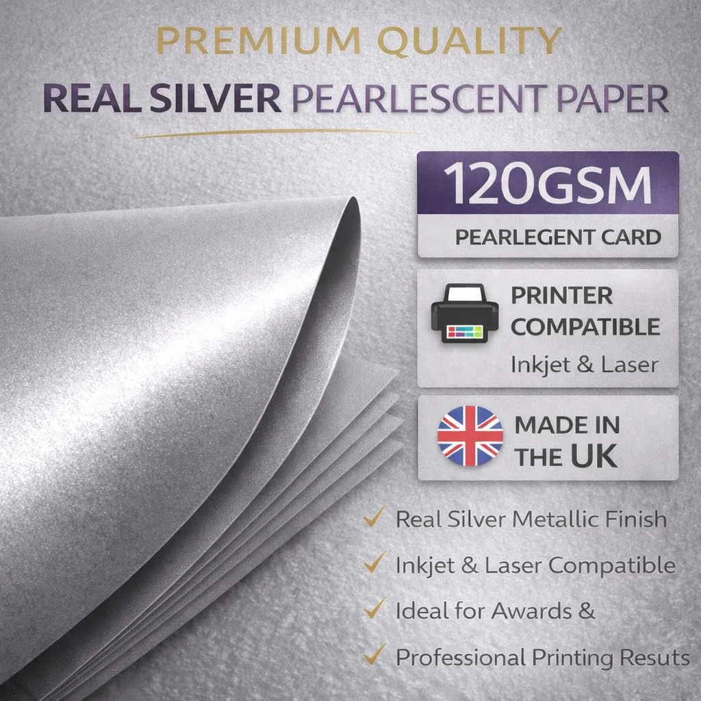 Syntego 20 fogli A4 color argento perlescente, 120 g/m², fronte/retro, adatti per stampanti laser e a getto d'inchiostro.