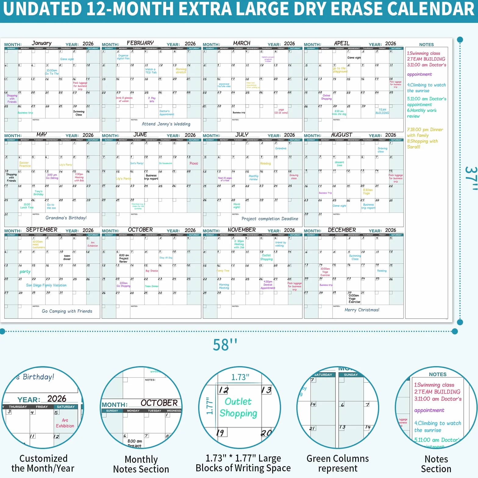 Grande calendario da parete senza data, 147,3 x 94 cm, 12 mesi, cancellabile a secco, per casa, ufficio, classe, calendario da parete non datato, su un lato, nero e bianco