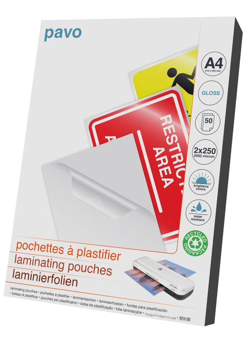Pavo - Buste per Plastificazione, 2 x 250 Micron, Formato A4, lucido, Confezione da 50, 8007219