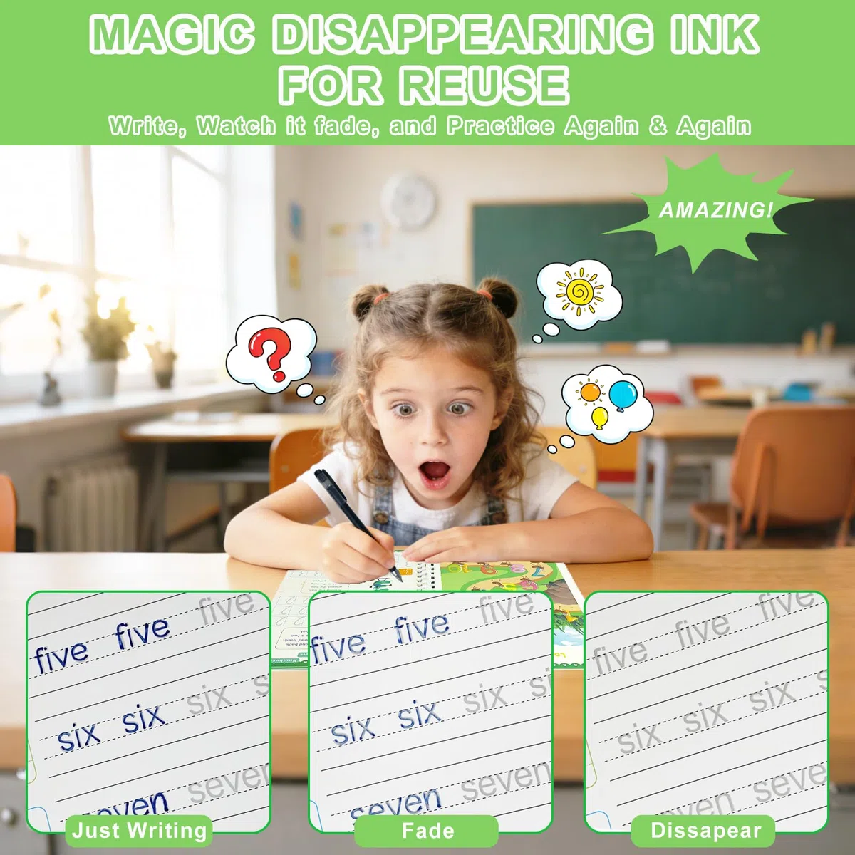 Confezione da 6 quaderni magici per esercizi di scrittura a mano con scanalature, set con 6 libro magico, 20 ricariche per penne, 3 penne, libro di attività di apprendimento riutilizzabile 3+