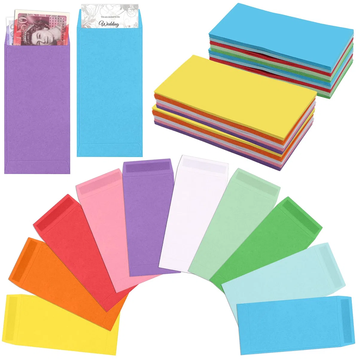 VEGCOO 60 buste per soldi, 16 x 8 cm, colorate, autoadesive, buste per inviti, mini buste per conservare monete, banconote, assegni, carte, 10 colori