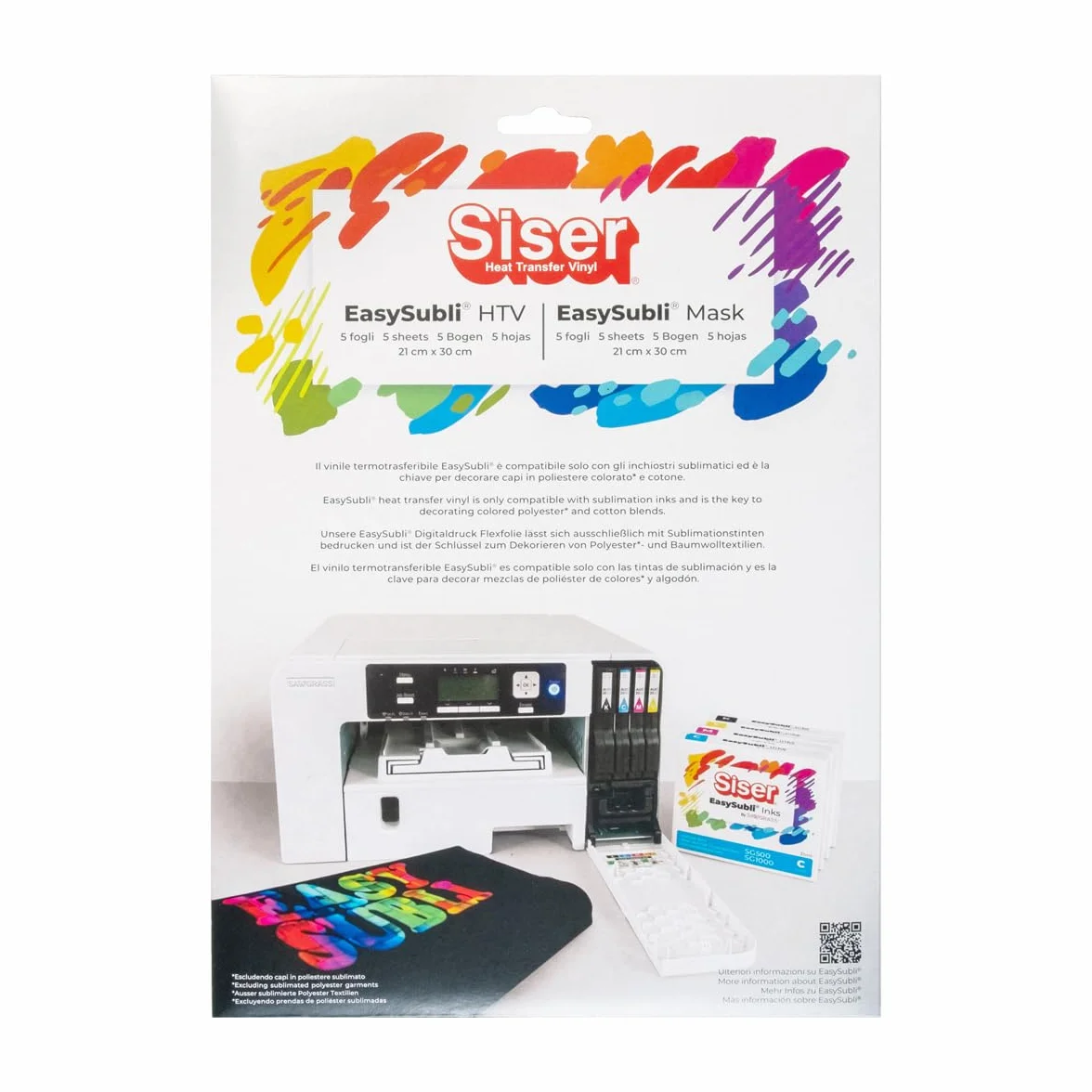 Siser Easy Subli pack 5+5, vinile termotrasferibile termoadesivo stampabile con stampanti ad inchiostri sublimatici. 5 fogli formato a4 di Easy subli e 5 fogli formato A4 di application tape