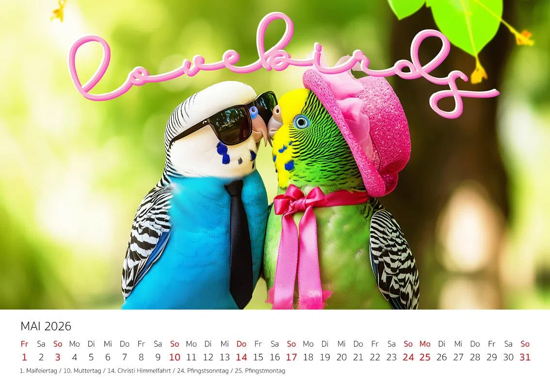 Edition Seidel Calendario Premium Budgies 2026, formato DIN A3, calendario da parete con scritte divertenti, animali, uccelli, pappagallini, umorismo