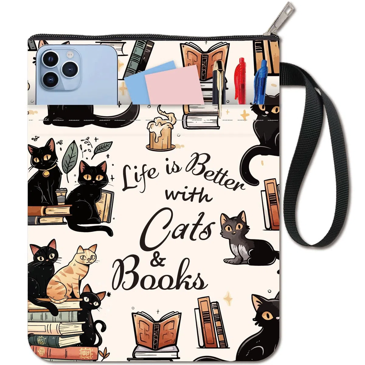 CRASPIRE Custodia per Libri con Parole A Forma di Gatto Protezione per Libri Tascabili Copertina per Libri In Tessuto Lavabile con Cerniera e Tasca Extra per Gli Amanti Dei Libri Regali per I Compagni