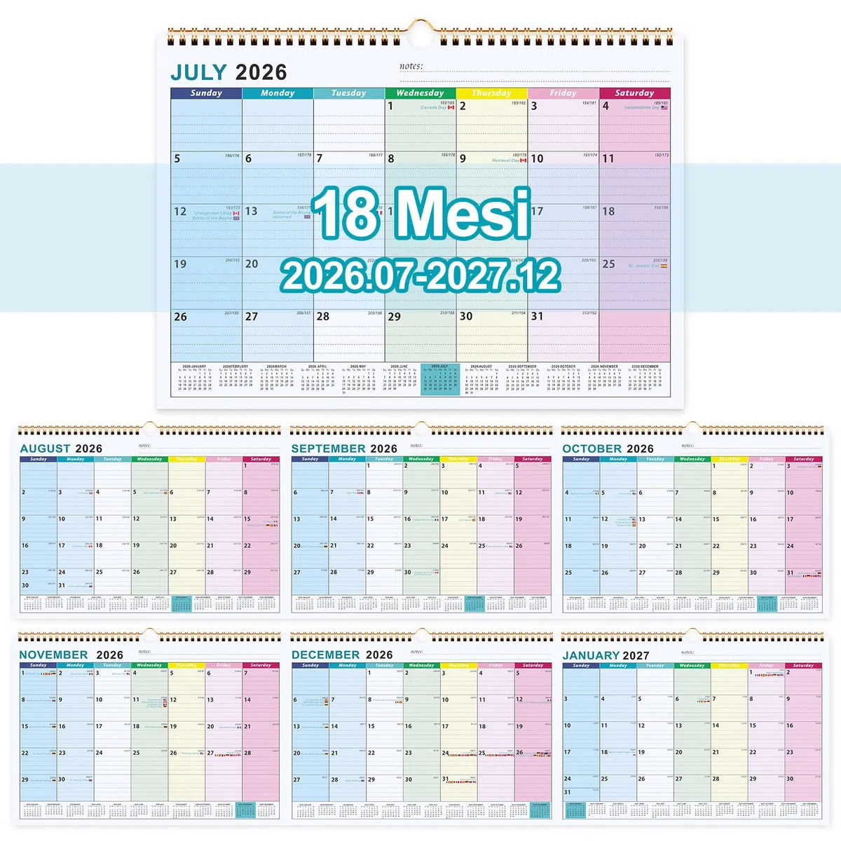 Benjia Calendario da muro tavolo 18 Mesi, A4 calendari Luglio 2026 a Dicembre 2027, calendario famiglia ufficio, planner mensile Calendari per Parete, planning mensile con adesivi del piano (Colorato)