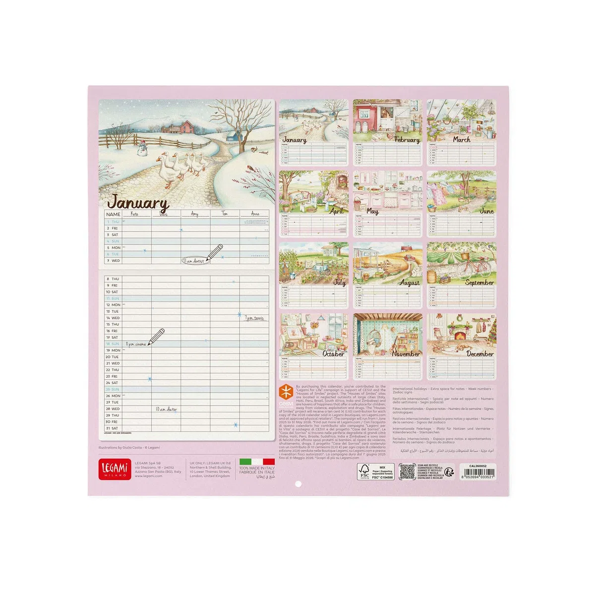 Legami - Calendario da Parete 2026, Home Sweet Home, Calendario da Muro Grande, 12 Mesi e Planner Annuale, in Inglese, Spazio per Note, Segni Zodiacali, Festività Internazionali, 30 x 29 cm