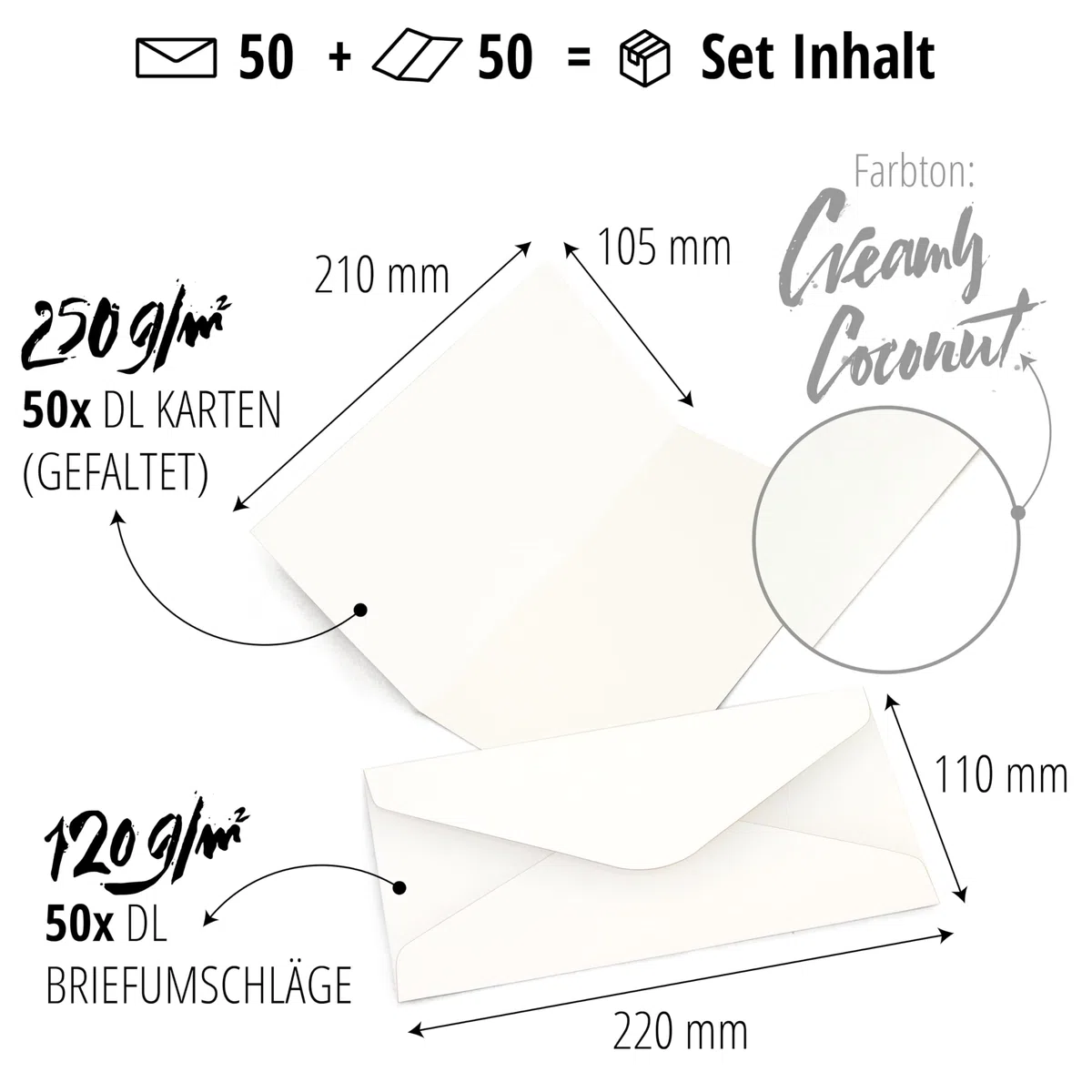 Japun - set di 50 biglietti pieghevoli vuoti incluse buste, biglietti pieghevoli per disegnare, etichettare o stampare - DIN lungo - bianco