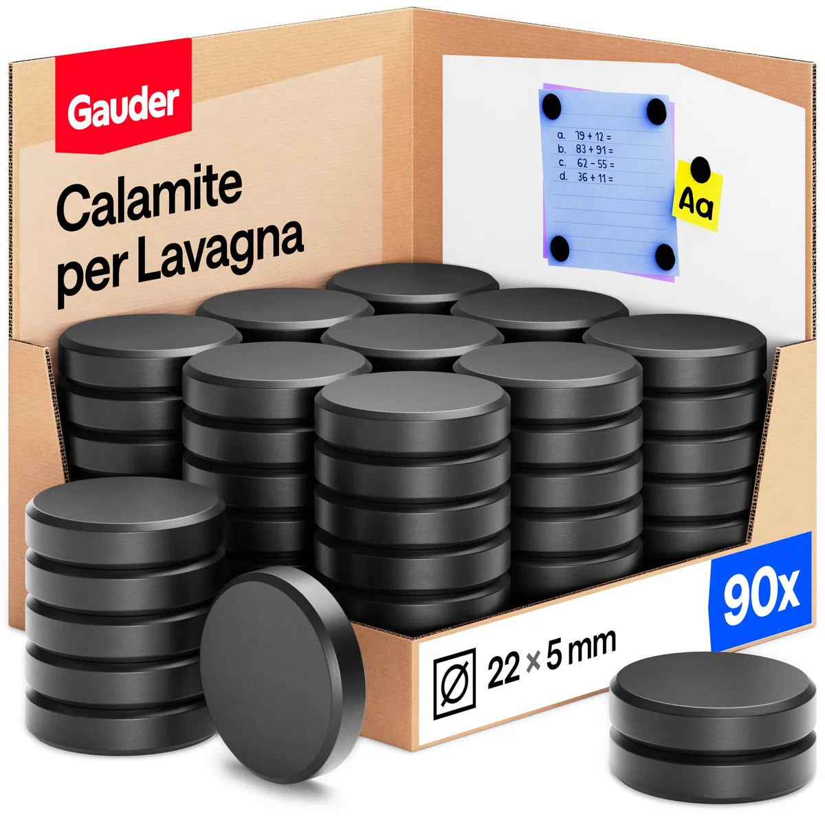 GAUDER Calamite per Lavagna, Frigorifero & Ufficio - Magneti Rotondi Potenti - Magneti Neri per Progetti Creativi e Uso Quotidiano (90 pezzi - 22 x 5 mm)