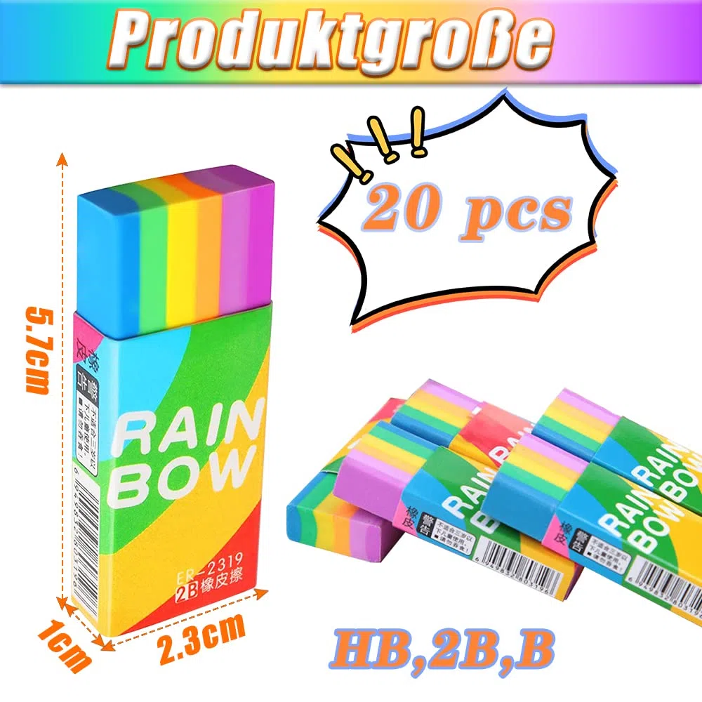 20 Pezzi Gomme da Cancellare Arcobaleno, Set 2B Colorato per Bambini, Morbida