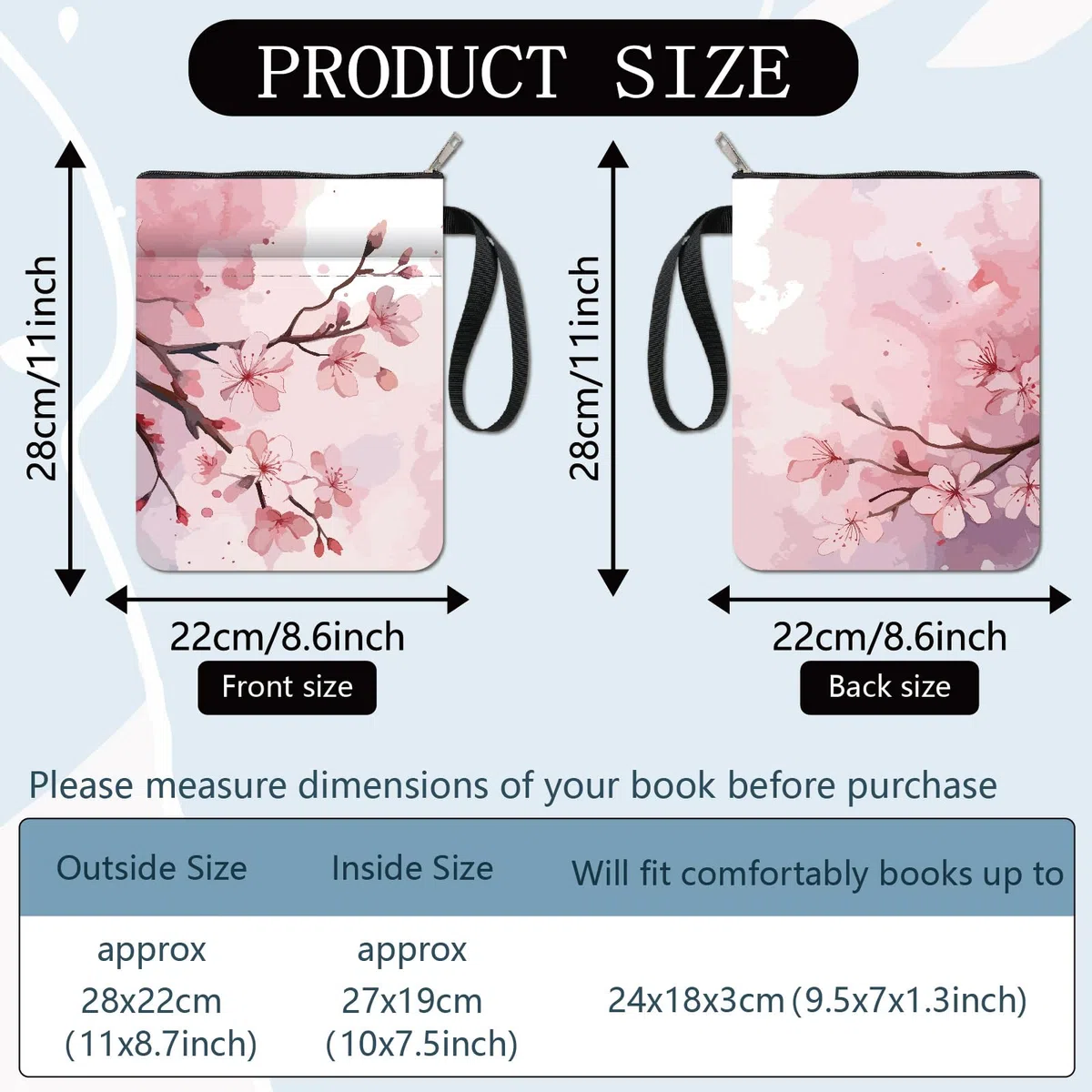 CRASPIRE Cherry Book Sleeve Floral Blossom Copertina per Libro da 11x8.7 Pollice Fiori Tasca Frontale con Cerniera Tessuto Lavabile Custodia Protettiva per Libri per Lettori Accessori per Amici
