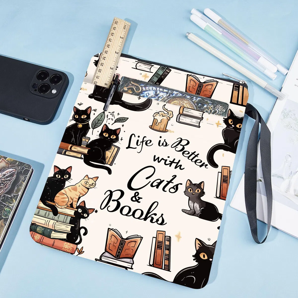CRASPIRE Custodia per Libri con Parole A Forma di Gatto Protezione per Libri Tascabili Copertina per Libri In Tessuto Lavabile con Cerniera e Tasca Extra per Gli Amanti Dei Libri Regali per I Compagni