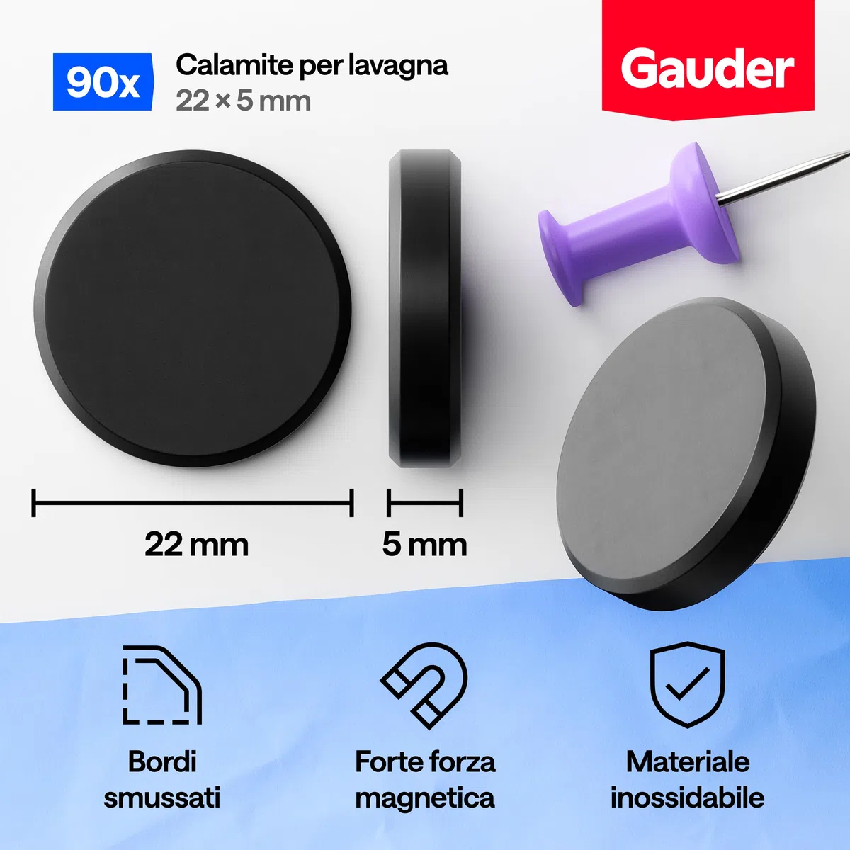 GAUDER Calamite per Lavagna, Frigorifero & Ufficio - Magneti Rotondi Potenti - Magneti Neri per Progetti Creativi e Uso Quotidiano (90 pezzi - 22 x 5 mm)