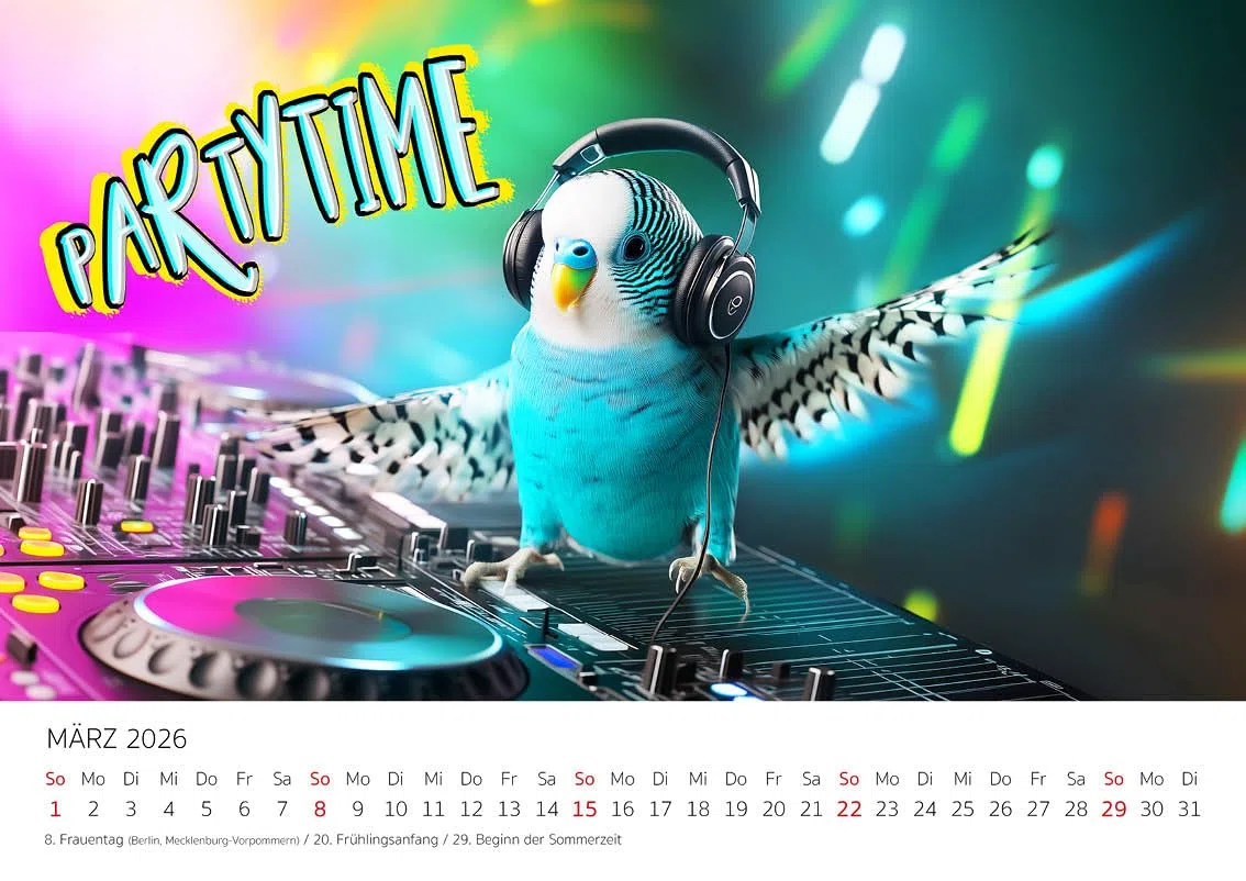Edition Seidel Calendario Premium Budgies 2026, formato DIN A3, calendario da parete con scritte divertenti, animali, uccelli, pappagallini, umorismo