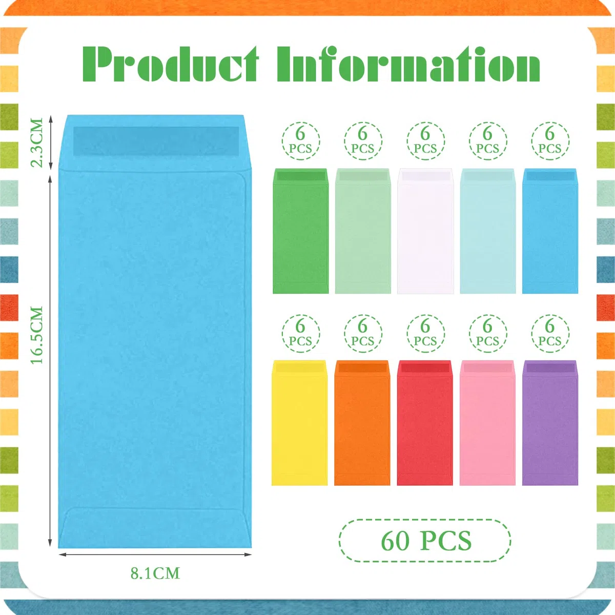 VEGCOO 60 buste per soldi, 16 x 8 cm, colorate, autoadesive, buste per inviti, mini buste per conservare monete, banconote, assegni, carte, 10 colori