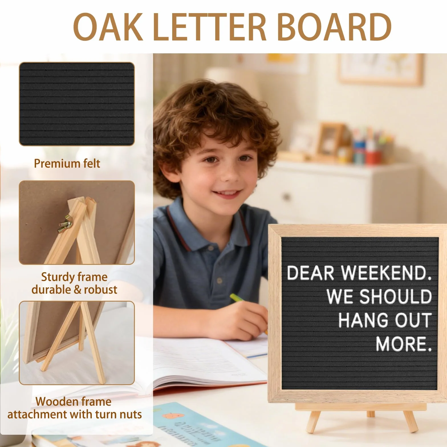 Feltro Letter Board, Bacheca in feltro, 25 x 25 cm, con 340 lettere, cornice in legno, per annunci di bambini, pietre miliari, decorazione per ufficio, cartello con password (Nero)