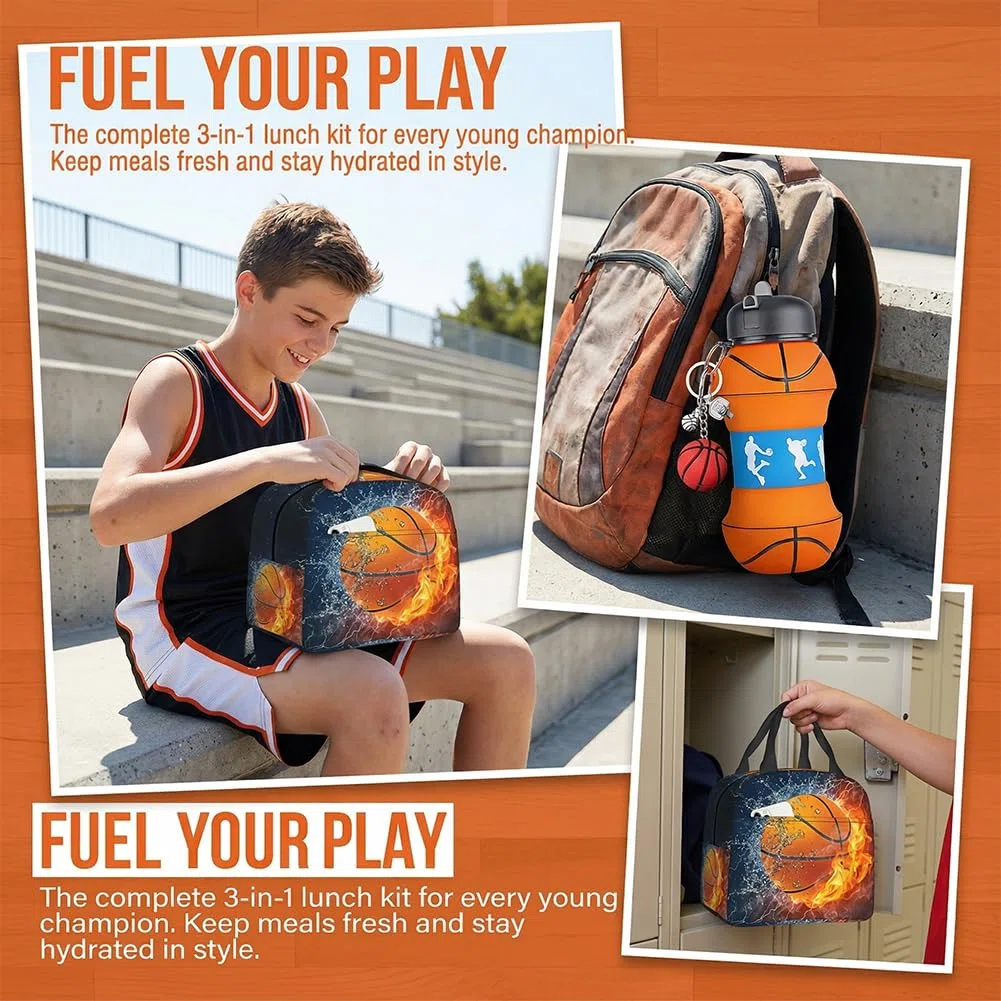 Basket Borsa da pranzo, Borraccia pieghevole a tema Pallacanestro & portachiavi, Tessuto Oxford, 550ML, senza BPA, per sport, Borsa Termica per Alimenti, per Studenti Scuola Picnic Cibo Bevanda Frutta
