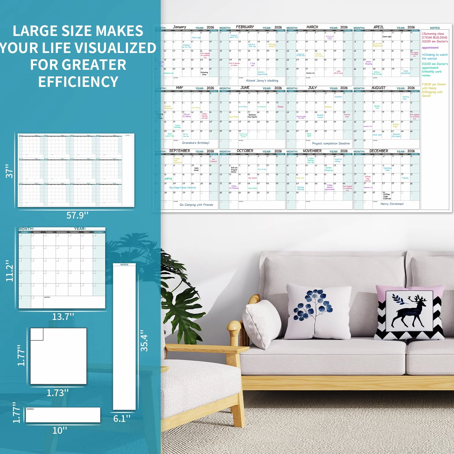 Grande calendario da parete senza data, 147,3 x 94 cm, 12 mesi, cancellabile a secco, per casa, ufficio, classe, calendario da parete non datato, su un lato, nero e bianco