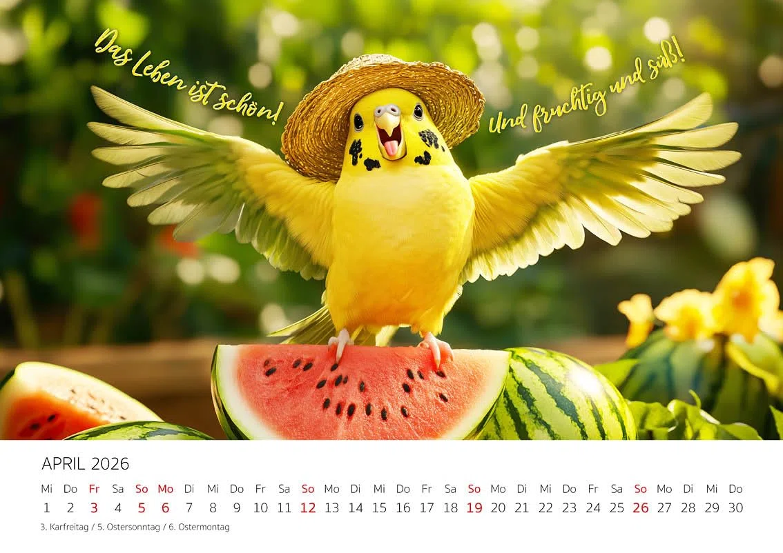 Edition Seidel Calendario Premium Budgies 2026, formato DIN A3, calendario da parete con scritte divertenti, animali, uccelli, pappagallini, umorismo