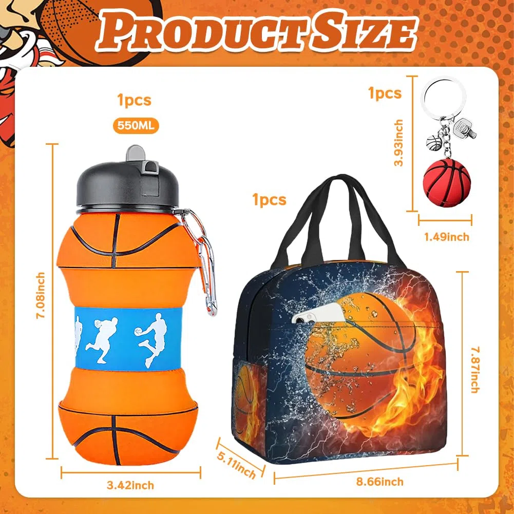 Basket Borsa da pranzo, Borraccia pieghevole a tema Pallacanestro & portachiavi, Tessuto Oxford, 550ML, senza BPA, per sport, Borsa Termica per Alimenti, per Studenti Scuola Picnic Cibo Bevanda Frutta