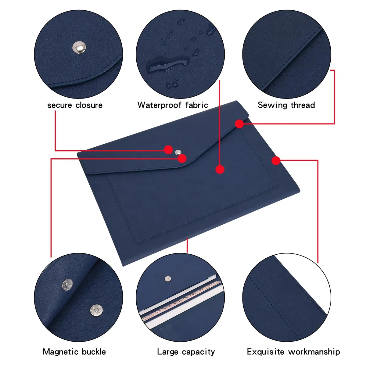 Wason Porta documenti A4 Espandibile Custodia per Buste in Pelle PU-Tasche di Grandi Dimensioni per Fatture Cartacee Cancelleria Tablet e PC Lavoro Studio Viaggi(Blu scuro)