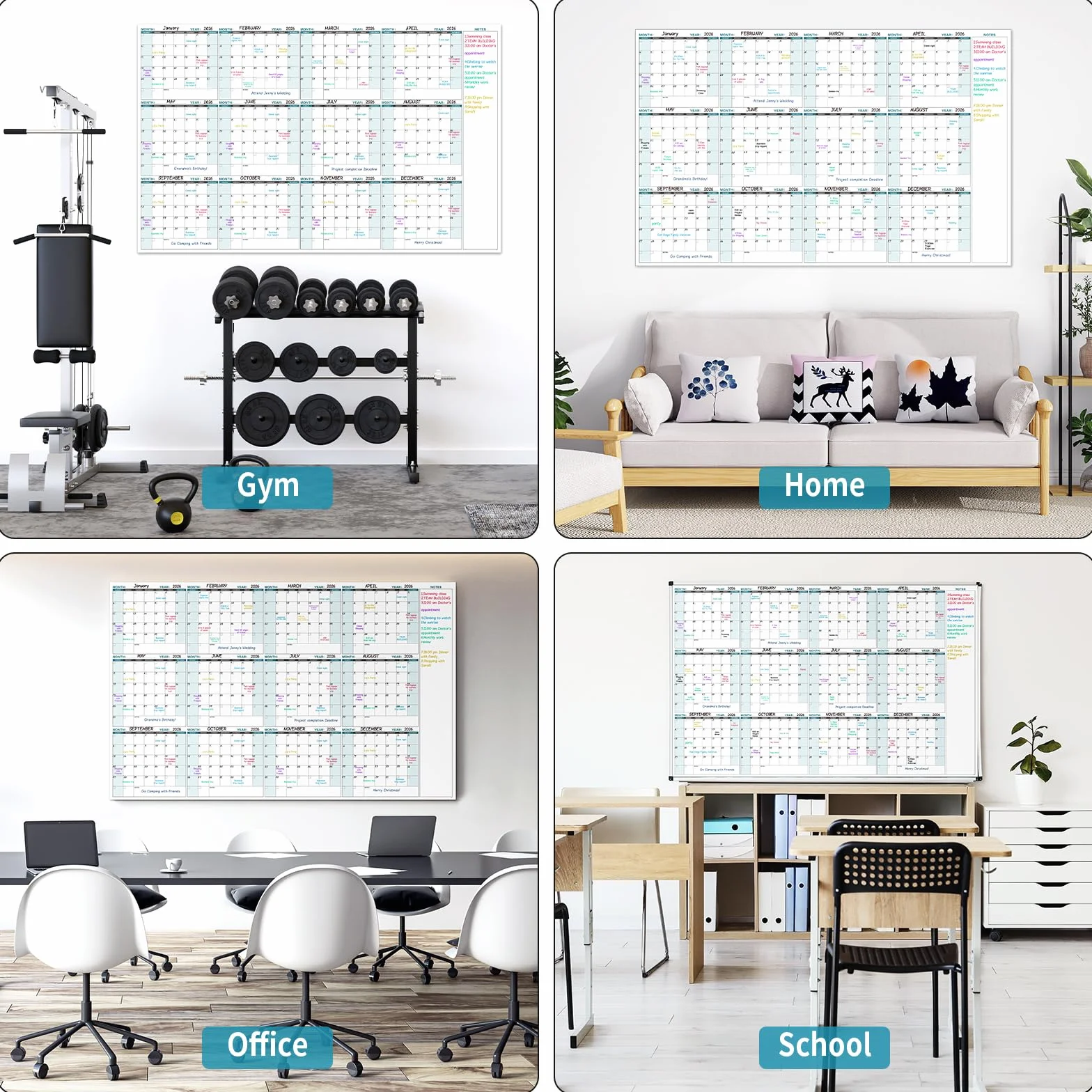 Grande calendario da parete senza data, 147,3 x 94 cm, 12 mesi, cancellabile a secco, per casa, ufficio, classe, calendario da parete non datato, su un lato, nero e bianco