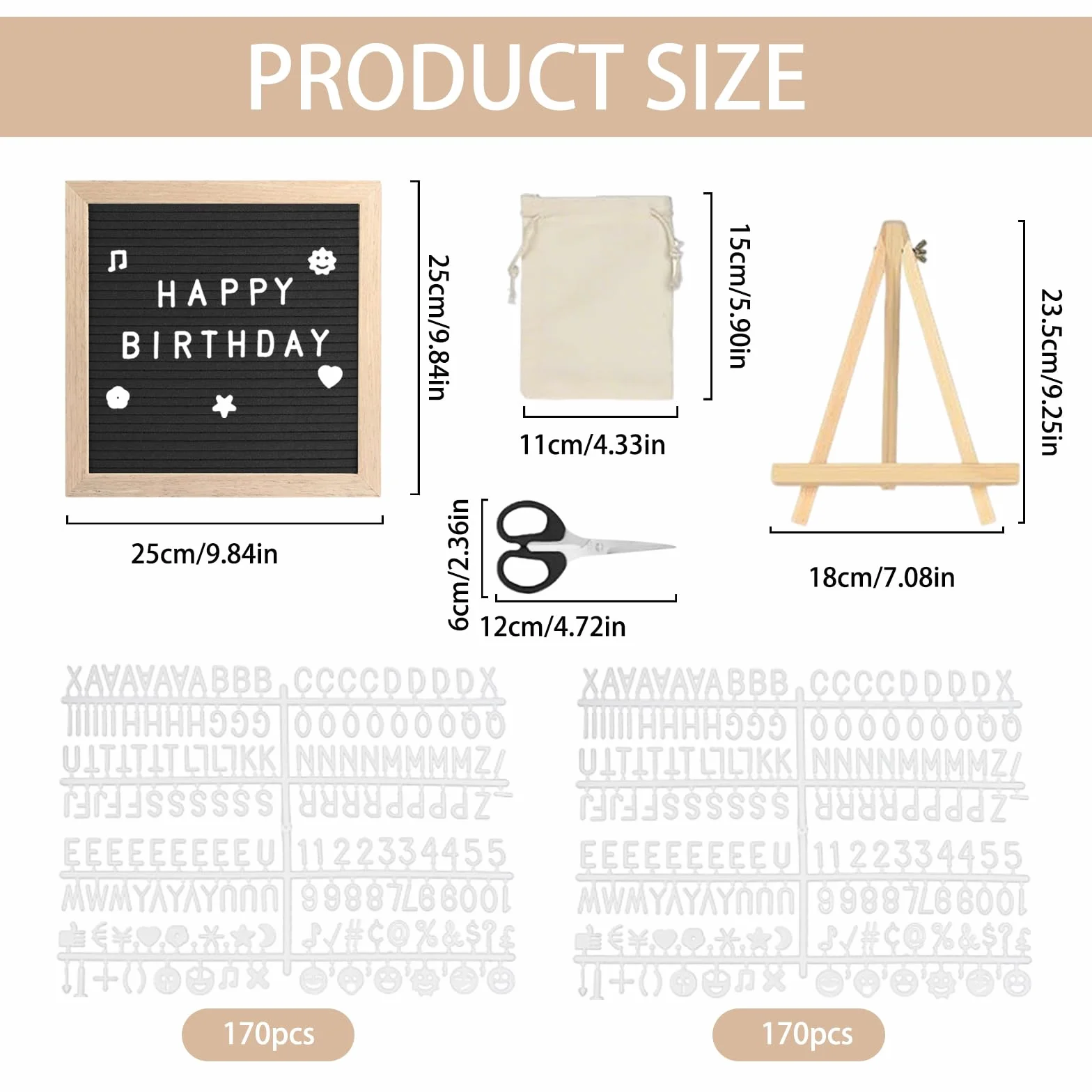 Feltro Letter Board, Bacheca in feltro, 25 x 25 cm, con 340 lettere, cornice in legno, per annunci di bambini, pietre miliari, decorazione per ufficio, cartello con password (Nero)