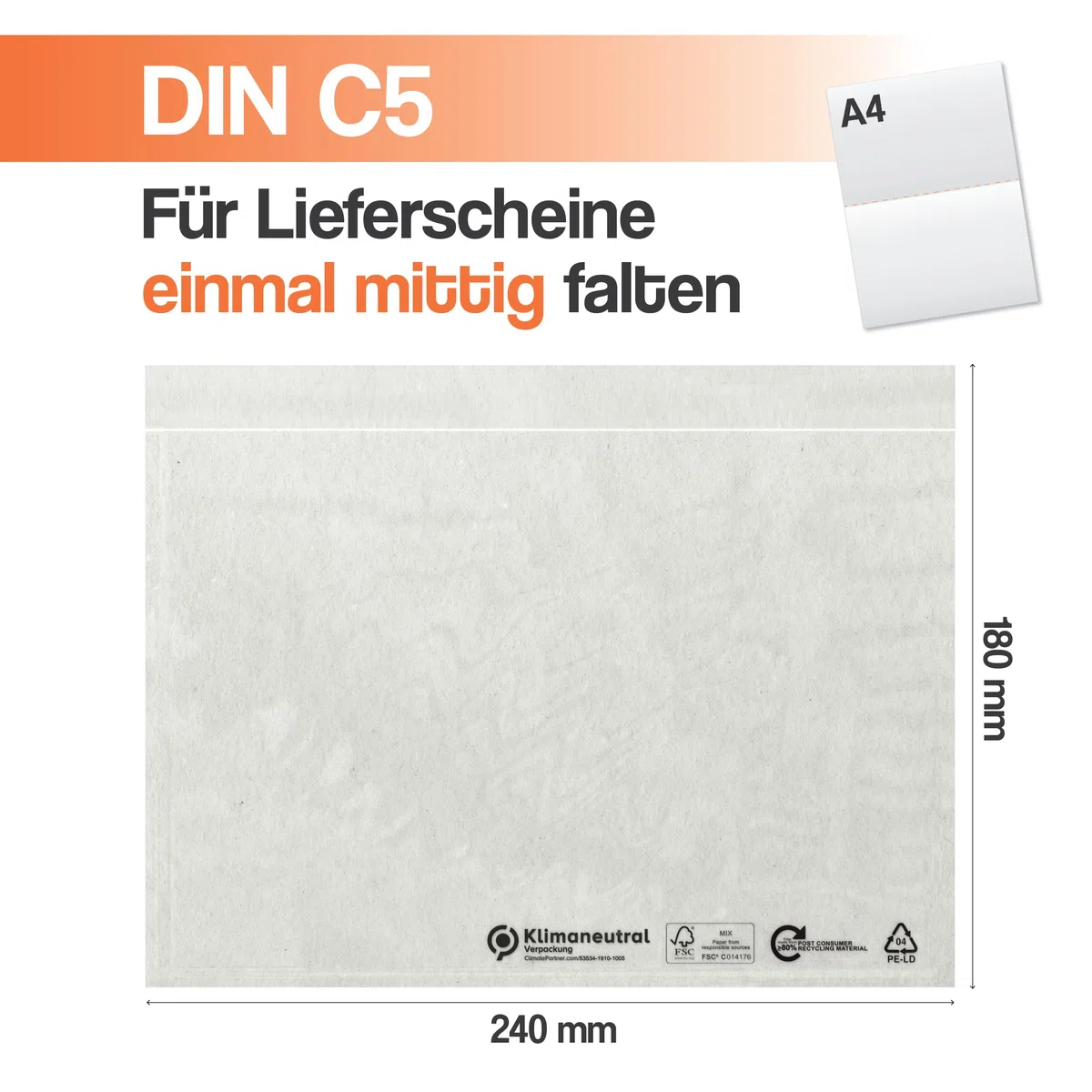 buste trasparenti plastificate da spedizione per bolle consegna, fatture, bollettini di ritorno & Co - 100 buste da spedizione autoadesive con le dimensioni 240 x 180 mm (DIN C5)