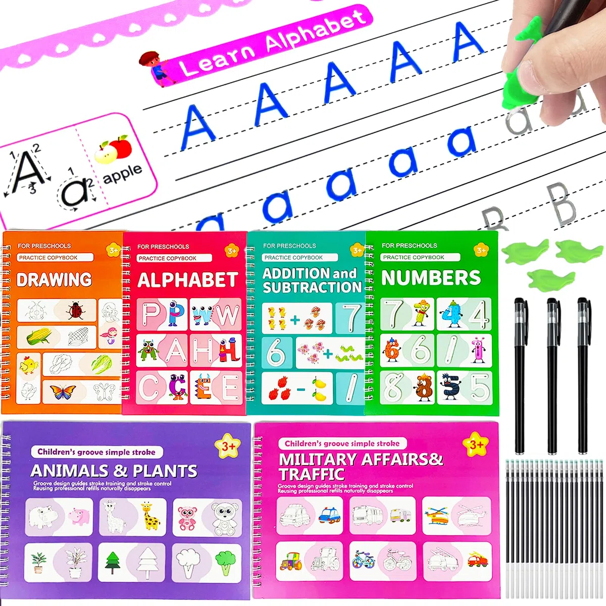 Confezione da 6 quaderni magici per esercizi di scrittura a mano con scanalature, set con 6 libro magico, 20 ricariche per penne, 3 penne, libro di attività di apprendimento riutilizzabile 3+