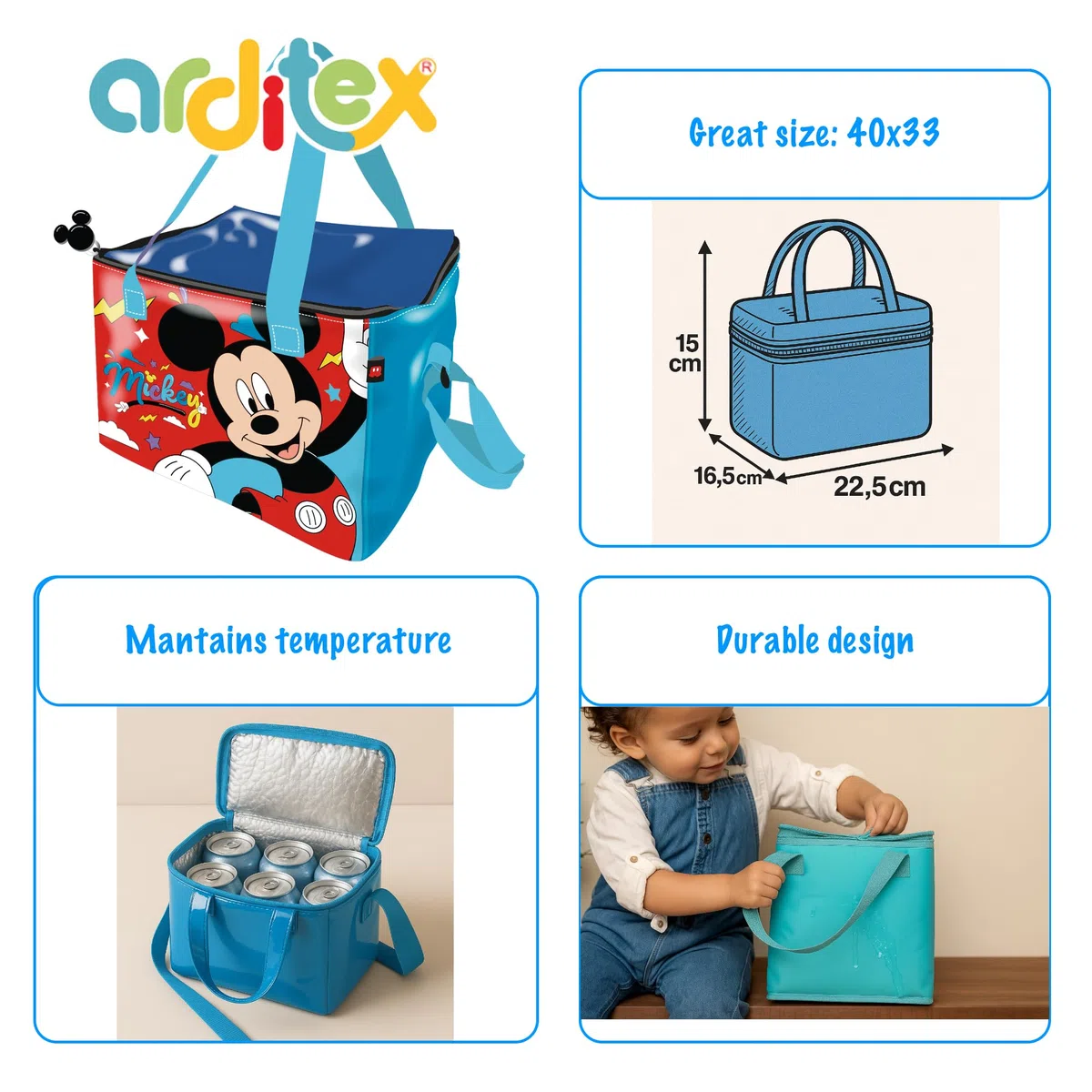 ARDITEX Borsa Termica Bambini TOPOLINO Disney 22,5x15x16,5 cm – Isotermica, Resistente e con Licenza Ufficiale – Perfetta per scuola, picnic, spiaggia o viaggi