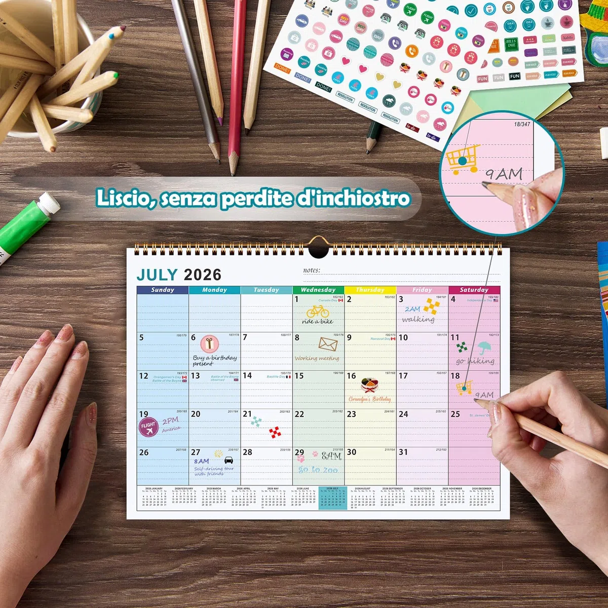 Benjia Calendario da muro tavolo 18 Mesi, A4 calendari Luglio 2026 a Dicembre 2027, calendario famiglia ufficio, planner mensile Calendari per Parete, planning mensile con adesivi del piano (Colorato)