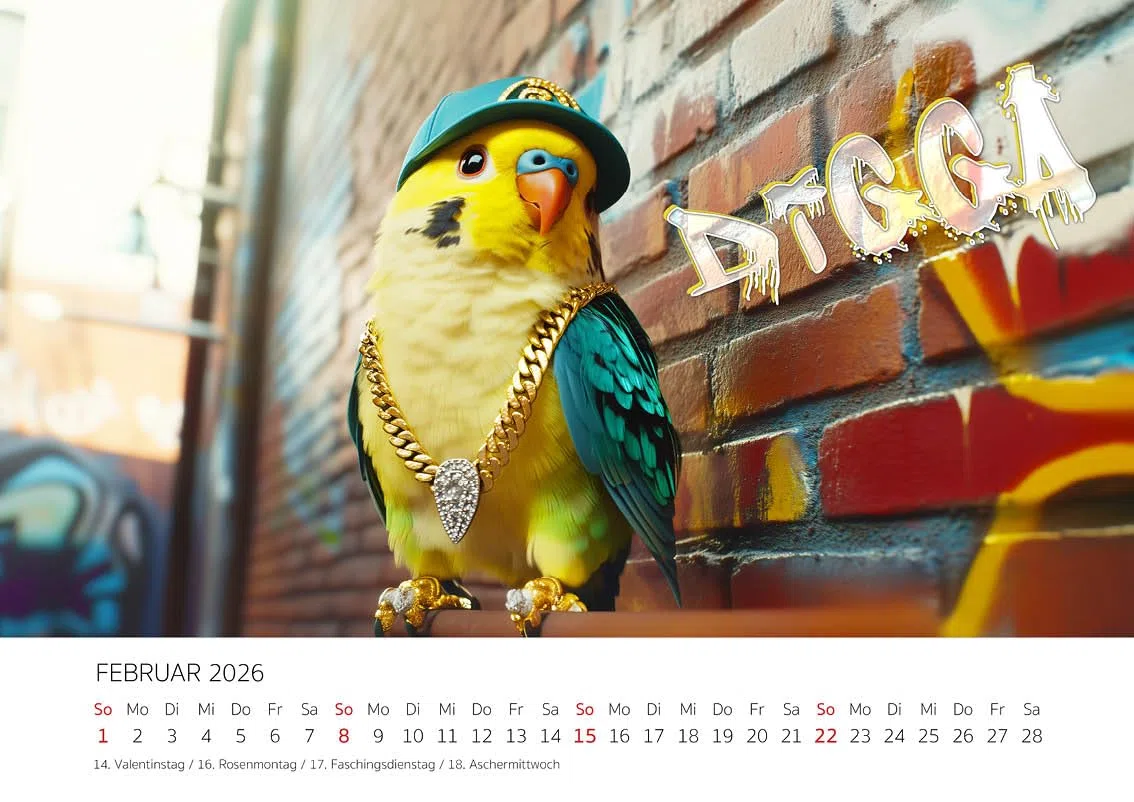 Edition Seidel Calendario Premium Budgies 2026, formato DIN A3, calendario da parete con scritte divertenti, animali, uccelli, pappagallini, umorismo