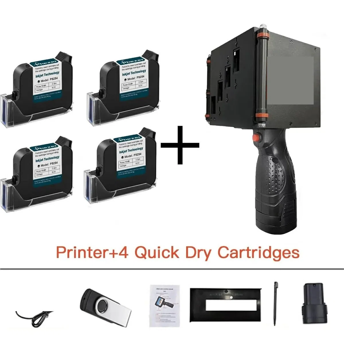 Stampante portatile for etichette da 100 mm, codice a barre, numero di data, scadenza, stampante a getto d'inchiostro, 28 lingue,Funzionamento regolare(With 4 cartridges)