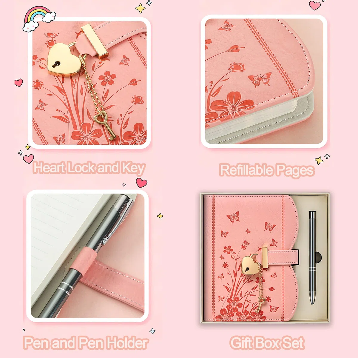 Diario Segreto con Lucchetto per Ragazze 8-15 Anni – Kawaii Journal Carino, Idea Regalo Compleanno e Natale, Set con Penna e Accessori, B6 Ricaricabile 244 Pagine – Rosa