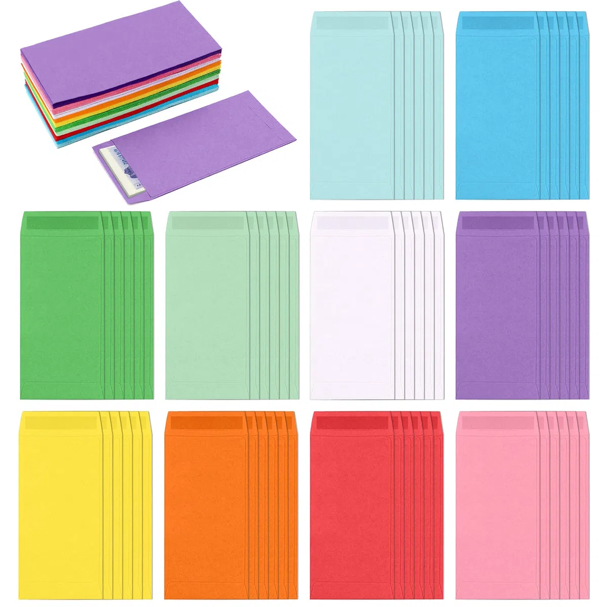 VEGCOO 60 buste per soldi, 16 x 8 cm, colorate, autoadesive, buste per inviti, mini buste per conservare monete, banconote, assegni, carte, 10 colori