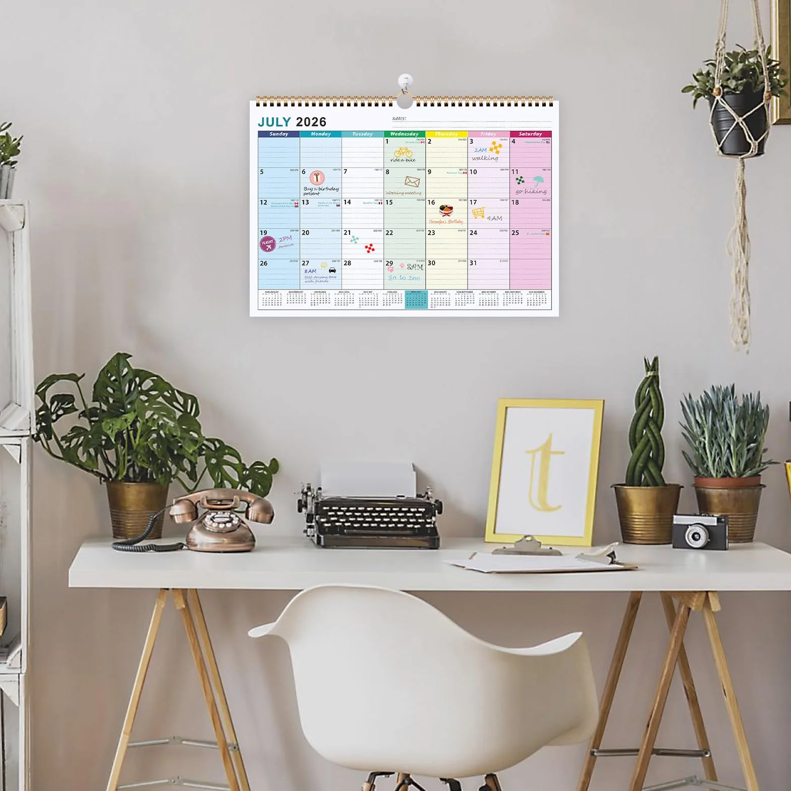 Benjia Calendario da muro tavolo 18 Mesi, A4 calendari Luglio 2026 a Dicembre 2027, calendario famiglia ufficio, planner mensile Calendari per Parete, planning mensile con adesivi del piano (Colorato)