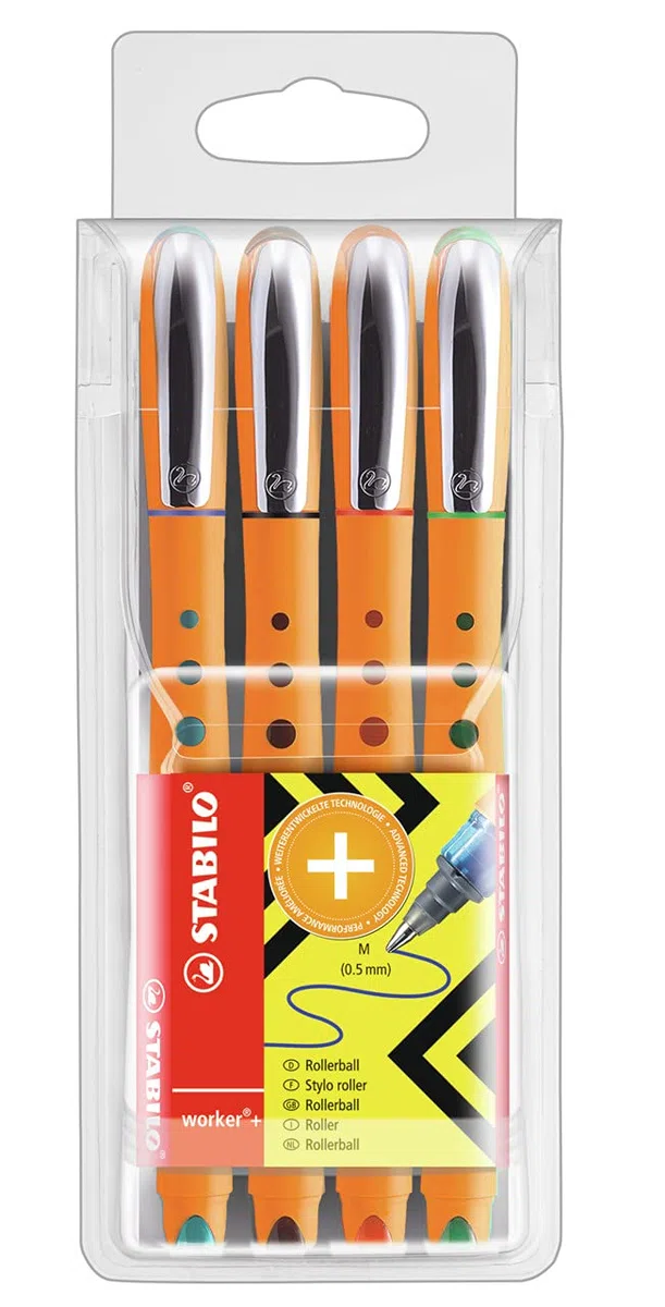STABILO worker+ medium - Penna Roller - Tratto 0,5 mm - Astuccio da 4 - Blu/Nero/Rosso/Verde