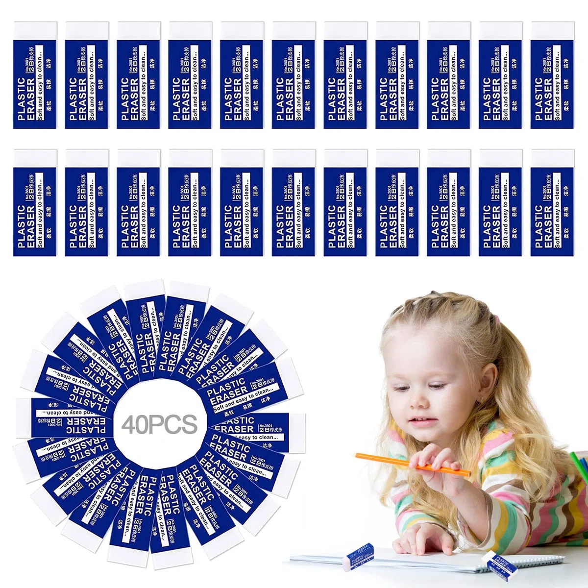 40 Pezzi Gomme da Cancellare Bianca, 2B Gomma da Cancellare Durevole, Facile da Cancellare Senza Lasciare Tracce, Morbide Gomme da 2B per Bambini e Adulti, Scuola, Scrivere, Disegnare (40)