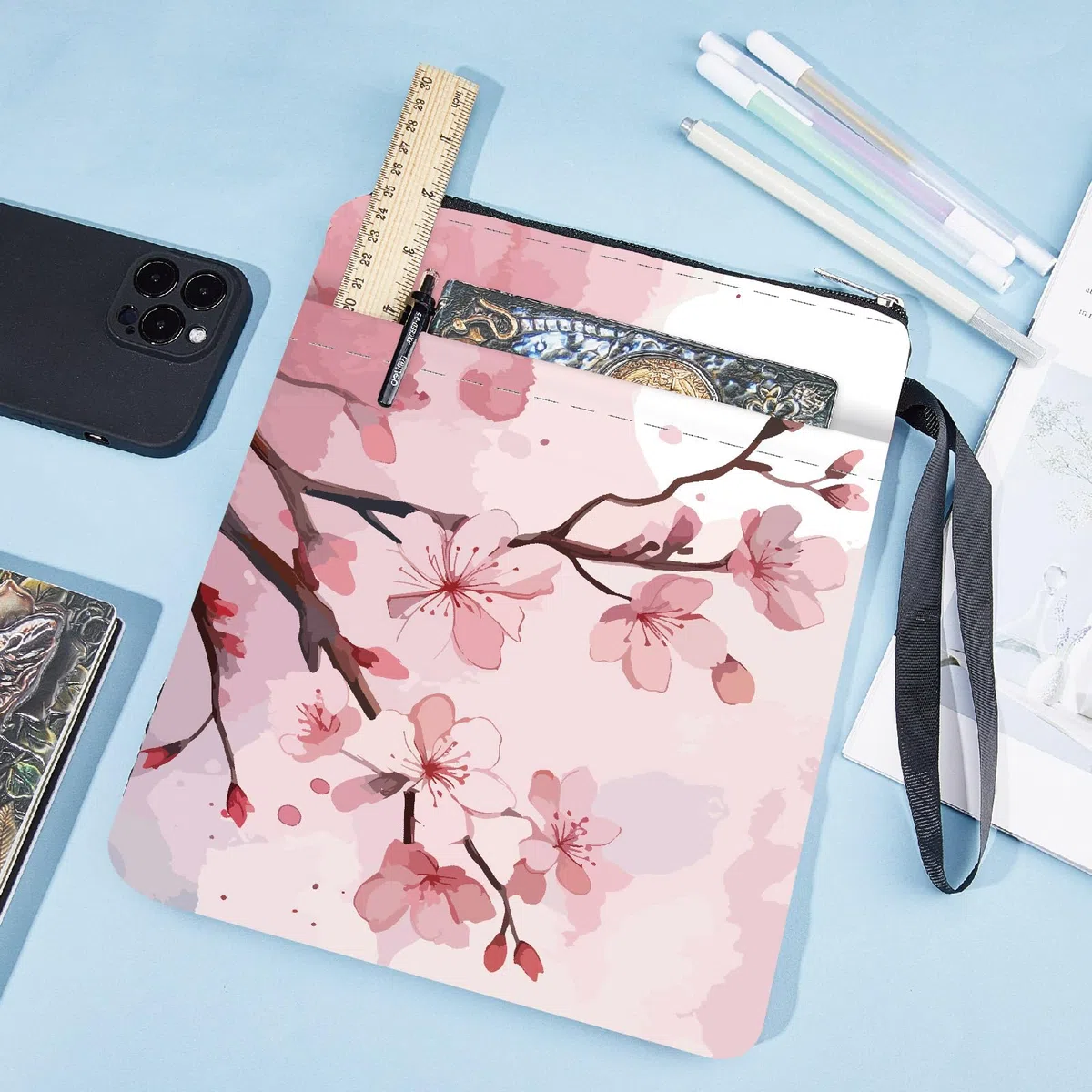 CRASPIRE Cherry Book Sleeve Floral Blossom Copertina per Libro da 11x8.7 Pollice Fiori Tasca Frontale con Cerniera Tessuto Lavabile Custodia Protettiva per Libri per Lettori Accessori per Amici