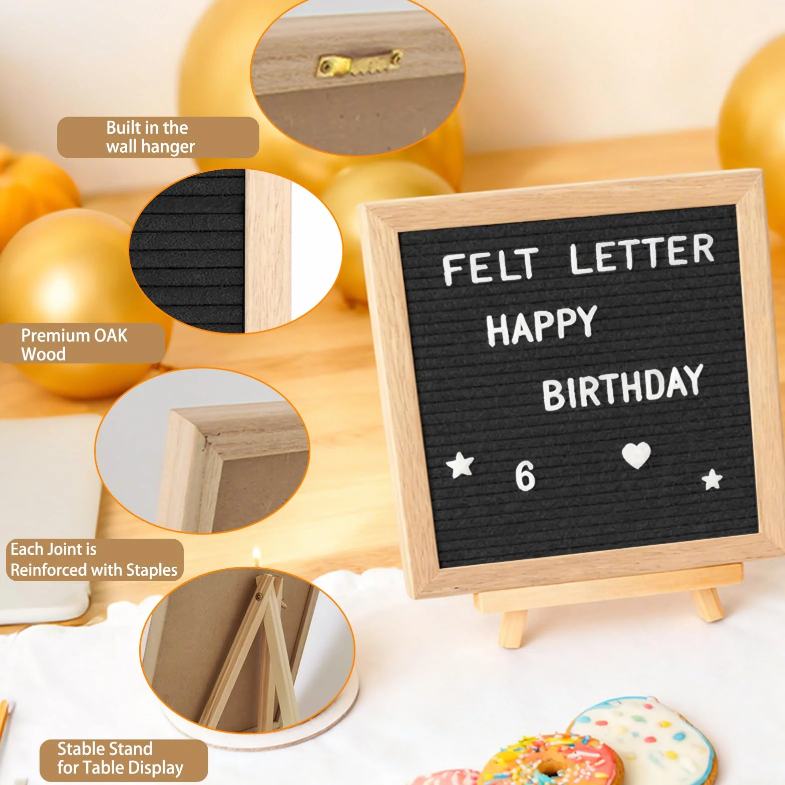 Feltro Letter Board, Bacheca in feltro, 25 x 25 cm, con 340 lettere, cornice in legno, per annunci di bambini, pietre miliari, decorazione per ufficio, cartello con password (Nero)