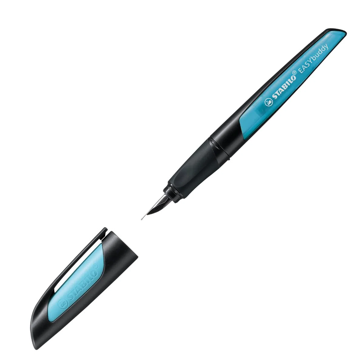 STABILO EASYbuddy - Penna Stilografica Ergonomica per Bambini - Nero/Azzurro - Punta Standard - Cartuccia Blu inclusa