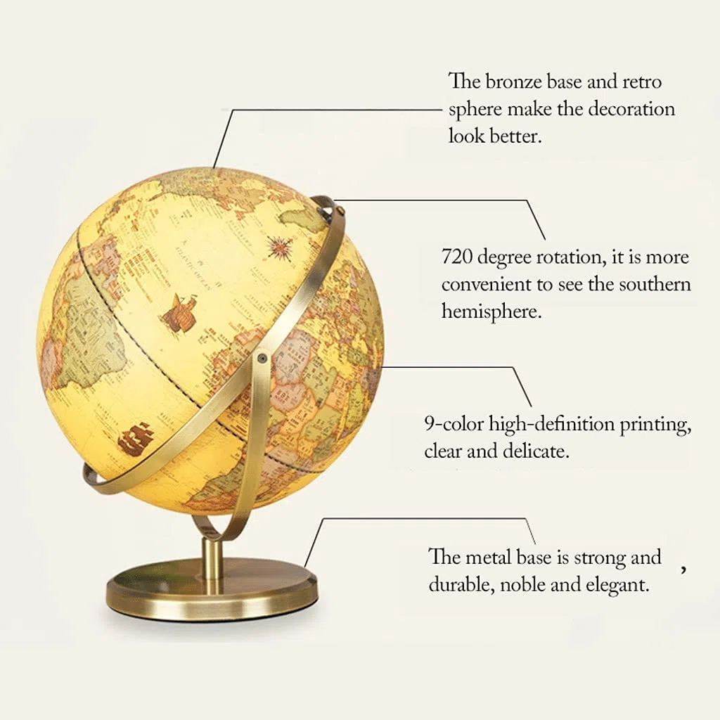 SYALEO Mappamondo Mappamondo Illuminato con Supporto in Metallo Dorato Diametro 12,5 '' Decorativo Mappamondo geografico Antico in Stile Oceano per la casa e L'Ufficio World Globe