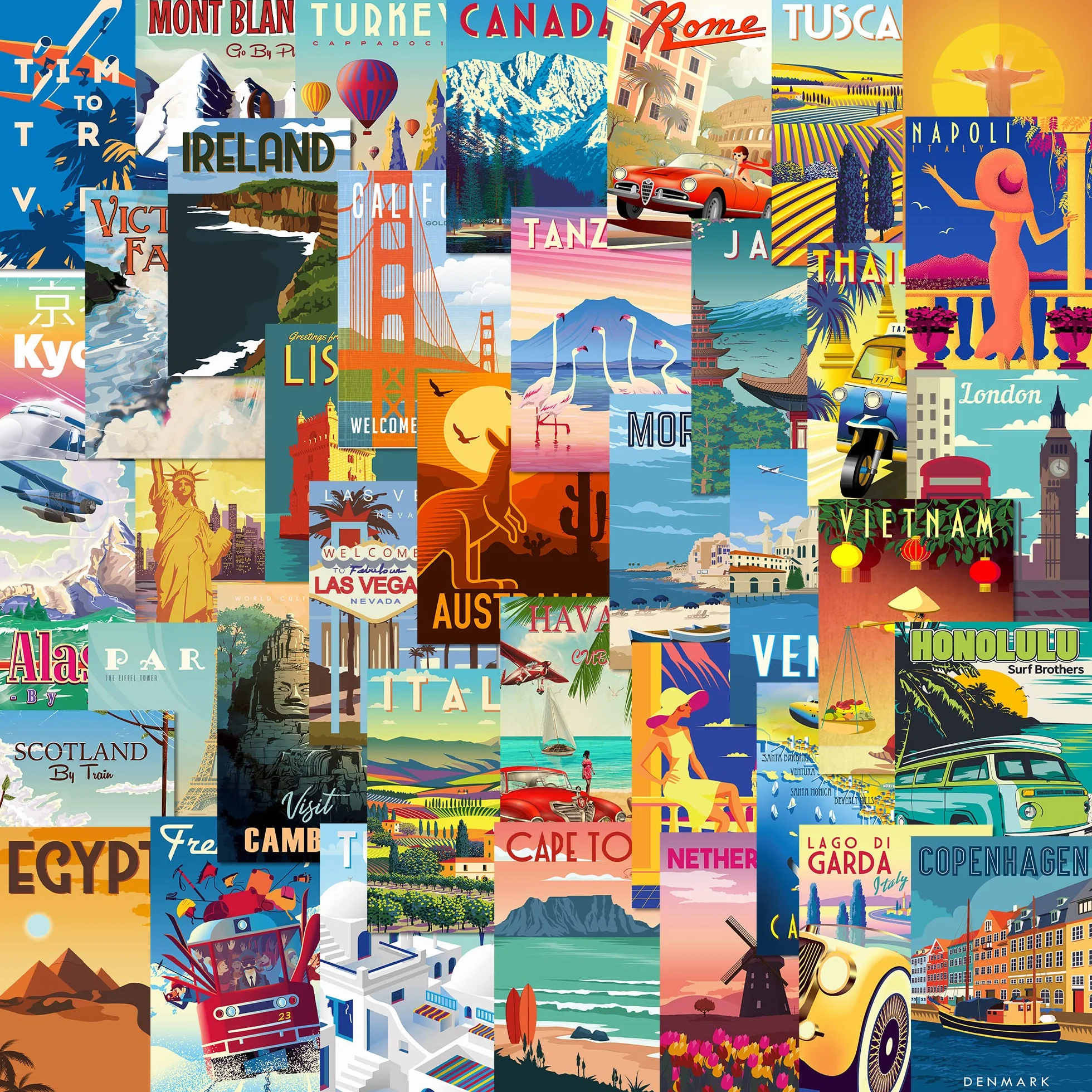Olivia Samuel 40 cartoline retrò miste da molte destinazioni di viaggio popolari ed esotiche in colori vivaci. Stampate nel Regno Unito su carta spessa ecologica da 300 g/m².