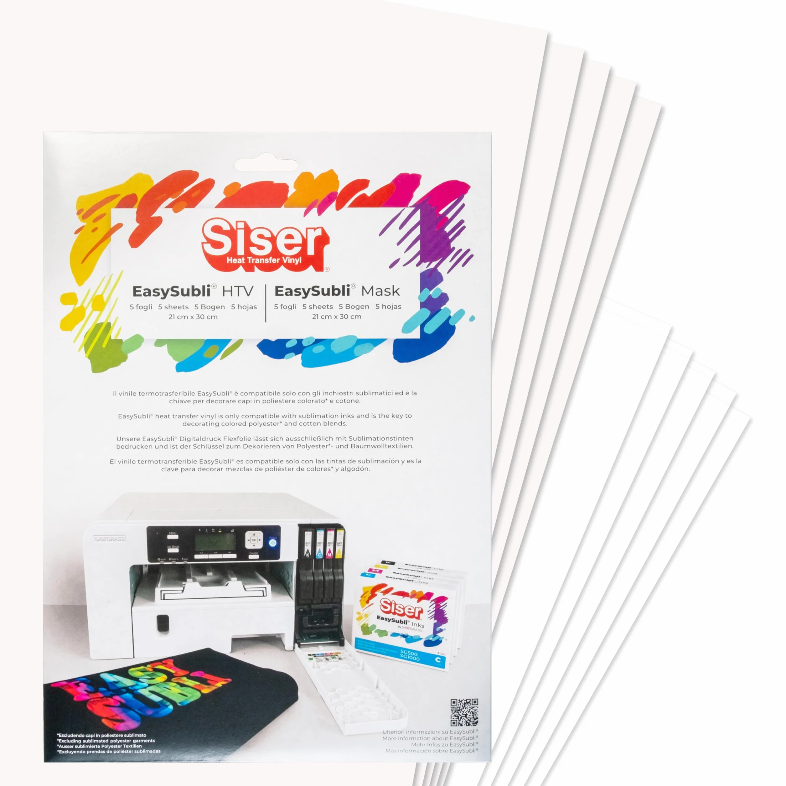 Siser Easy Subli pack 5+5, vinile termotrasferibile termoadesivo stampabile con stampanti ad inchiostri sublimatici. 5 fogli formato a4 di Easy subli e 5 fogli formato A4 di application tape