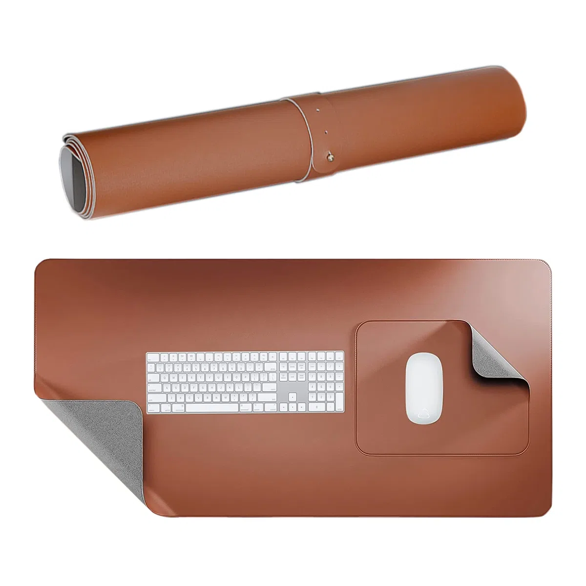 Sottomano Scrivania in Pelle [Set di 2] Tappetino Scrivania di qualità Premium 80x40 cm con Tappetino per Mouse Aggiuntivo Tappetino Antiscivolo Accessori Ufficio con Cinghie (Verde/Grigio)