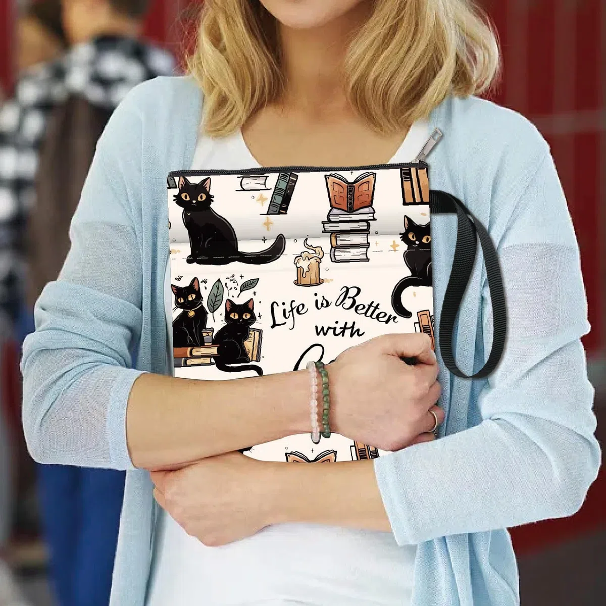 CRASPIRE Custodia per Libri con Parole A Forma di Gatto Protezione per Libri Tascabili Copertina per Libri In Tessuto Lavabile con Cerniera e Tasca Extra per Gli Amanti Dei Libri Regali per I Compagni